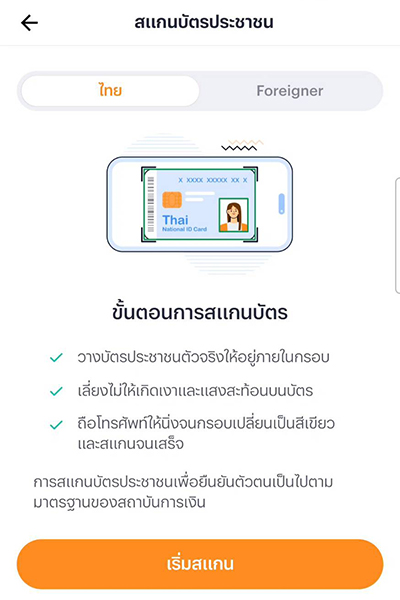 วิธีการยืนยันตัวตน ทรูมันนี่ 3. ดูขั้นตอน เเละกดปุ่ม <b>เริ่มสเเกน</b>