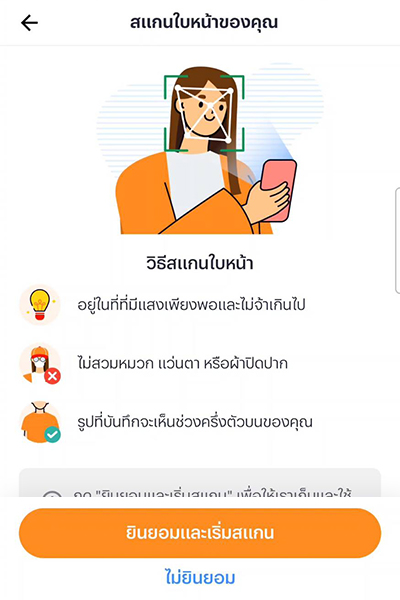 วิธีการยืนยันตัวตน ทรูมันนี่ 6. ดูขั้นตอน เเละกดปุ่ม <b>ยินยอมเเละเริ่มสเเกน</b>