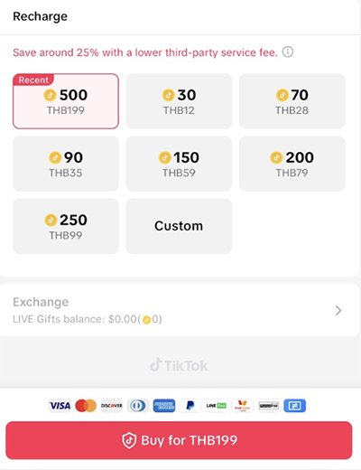 1. ไปที่ https://www.tiktok.com/coin เพื่อ<br><b>เลือกเติม Coin</b> และกด <b>ซื้อ</b>